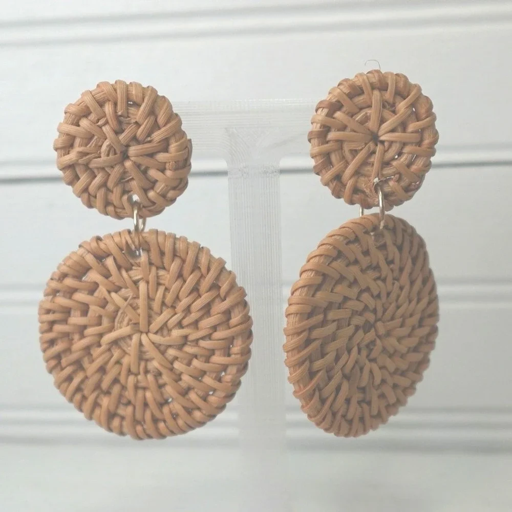 Large Y2K Woven Earrings Rattan Wicker Boho Hippie Vintage Pierced Jewelry